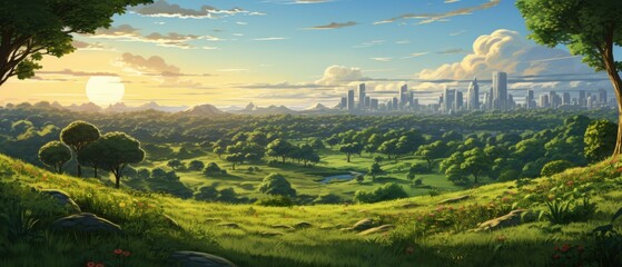 a beautiful landscape with a city in the distance