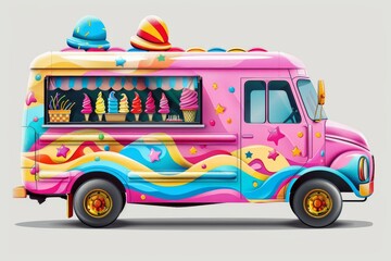 Wall Mural - Isolated vector illustration of a cheerful ice cream truck with bright colors, inviting and summery, on a white isolated background 