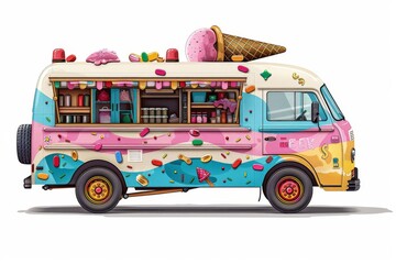 Wall Mural - Isolated vector illustration of a cheerful ice cream truck with bright colors, inviting and summery, on a white isolated background 