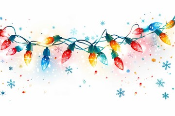 Wall Mural - Isolated vector illustration of a festive garland with lights, with snowflakes around it on a white background, colorful and cheerful