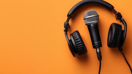 Wall Mural - A podcasting concept is depicted from a directly above view, showcasing headphones and a recording microphone on an orange background.