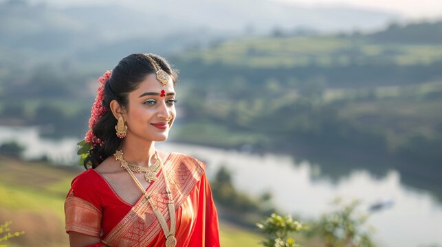 Young indian bride wearing red traditional saree
