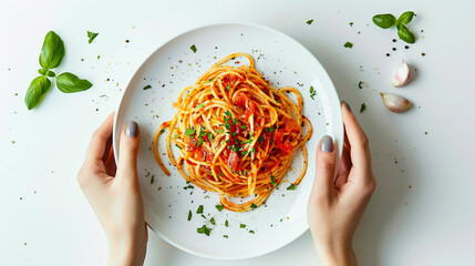 Culinary Artistry: Ink Squid Pasta Served on White Plate by Woman's Hands