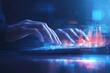 © kitipol - Hand typing on a keyboard with a light glow, binary code streams, and a stock market graph overlay in the background, representing digital financial technology.