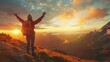 © kitipol - A happy traveler revels in the magic of a mountain sunset, their smile reflecting the warmth of the fading sunlight, as they witness the splendor of nature's evening display, with plenty of room for