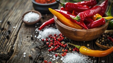 Sticker - Spicy pepper with sea salt and colored pepper on wooden background Tinted