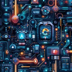 Wall Mural - A colorful, abstract image of electronic components and circuits. The image is a representation of the inner workings of a computer or other electronic device