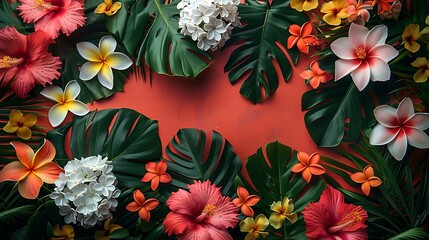 **Assorted tropical flower shoots sprinkle on a solid coral background