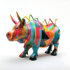Wall Mural - Vibrant 3D Graphic Rhinoceros Sculpture with Colorful Patterns on a Clean White Background