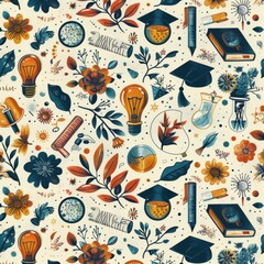 Wall Mural - A colorful pattern of flowers, books, and other objects. The image is a representation of the idea of education and learning