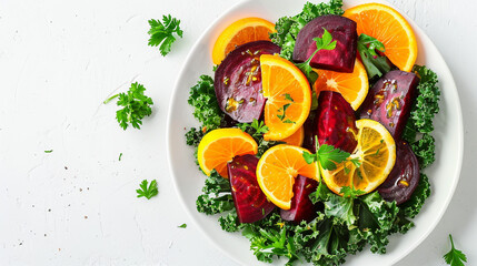 Wall Mural - Fresh Beet and Kale Salad with Lemon Dressing on a Minimalist Grey Background
