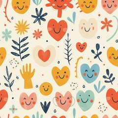 Wall Mural - A colorful pattern of cartoon faces and hearts. The faces are smiling and the hearts are in various sizes and colors. Scene is cheerful and happy