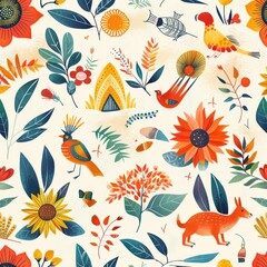 Wall Mural - A colorful and detailed painting of various animals and plants. The painting is full of life and energy, with bright colors and intricate details. The overall mood of the painting is joyful