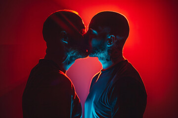 two men are kissing in front of a red light