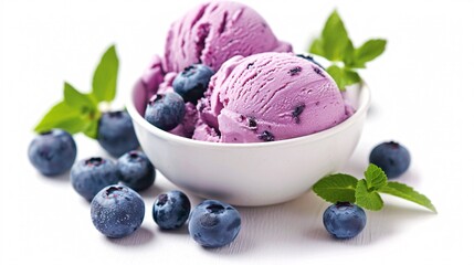 Delicious frozen treat of blueberry flavored ice cream in a white bowl set apart from its surroundings.