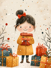 Wall Mural - Happy little girl standing in front of Christmas presents