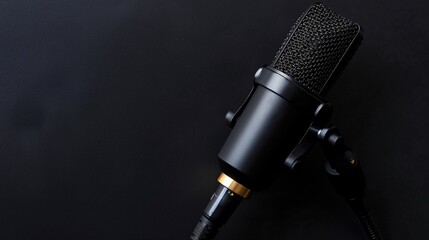 Wall Mural - A professional-grade sound recording microphone is featured against a black background, with a banner offering ample copy space.