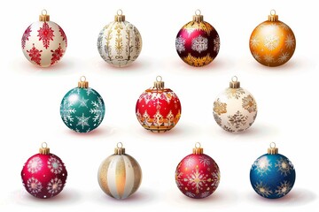 Wall Mural - Isolated vector illustration of a set of colorful Christmas ornaments with snowflake patterns on a white background, festive and detailed 