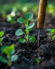 Young green plant growing in soil with gardening tool. Healthy agriculture and gardening concept for fresh and organic vegetable growth.