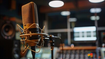 Wall Mural - The concept of radio broadcasting is depicted with a microphone in a recording studio or broadcast room, showcasing the working environment of a radio host in close-up detail.