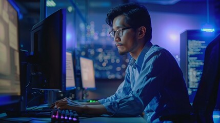 In an IT office setting, a programmer is engaged in software development, typing data and coding on a computer.