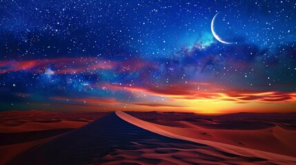 Sky Starry Night, sunset Ramadan background with desert sand dunes, beautiful cosmic space of galaxy with milky way landscape, Islamic vector for Ramadan Kareem, Eid Mubarak, Eid al adha,