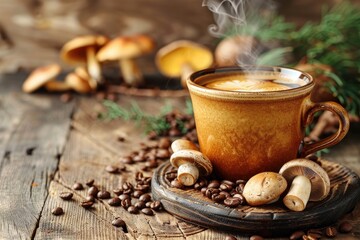 Wall Mural - A steaming cup of mushroom coffee placed on a rustic wooden table, surrounded by fresh mushrooms and coffee beans, evoking a cozy morning atmosphere.