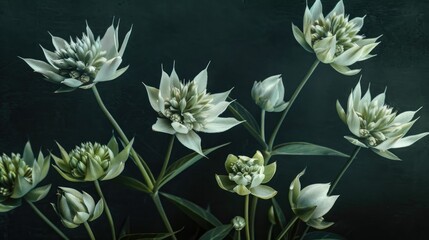 Wall Mural - Floral astrantia blossoms in vintage painting style on black background