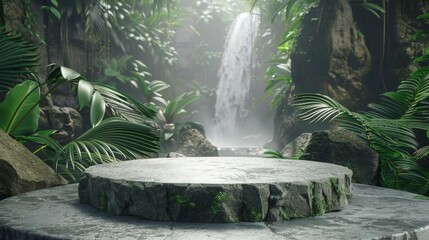 Stone platform in the rainforest, 3D illustration. Waterfall and stream on the background. A natural platform for product advertising