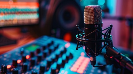 The concept of radio broadcasting is depicted with a microphone in a recording studio or broadcast room, showcasing the working environment of a radio host in close-up detail.