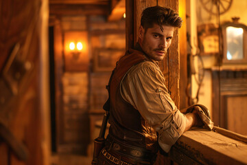 Wall Mural - a man in a brown vest leaning against a wooden wall