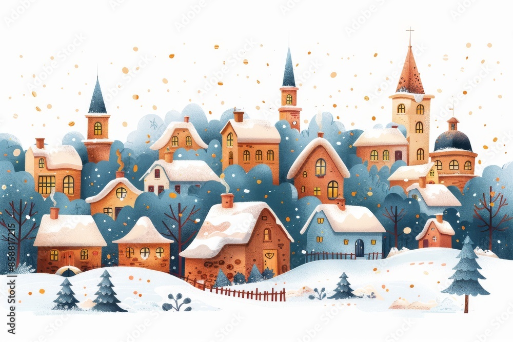 Isolated vector illustration of a winter village scene with snow ...