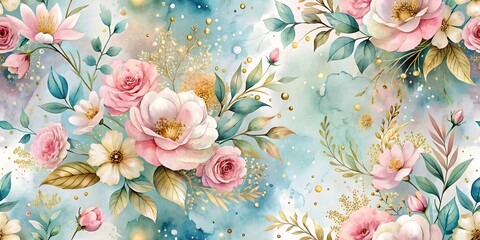 A seamless pattern of gentle watercolour flowers, gold splash and elements of luxurious gold embroidery, elegant and sophisticated. Texture, background, pattern.
