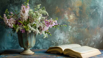 Wall Mural - Floral arrangement and book on table with room for text interior decoration