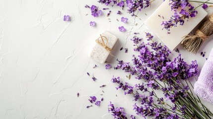 Wall Mural - Close up of white background with lavender flowers soap and towels