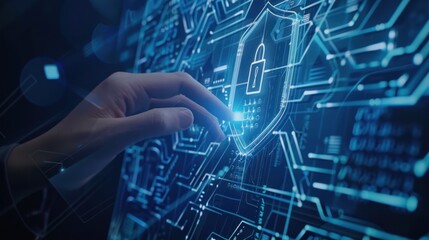 Cybersecurity Protection: Hand Interacting with Digital Shield