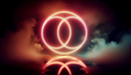 A red neon sign in the shape of two overlapping circles is shown on a black surface. The sign is glowing brightly, and its reflection can be seen in the surface. There is a misty background, 