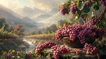 **A picturesque scene of freshly harvested grapes being juiced, captured against a serene, solid backdrop.