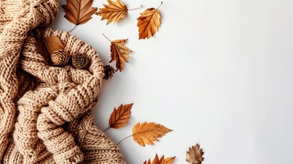 Poster - Autumn themed creative design with dry leaves and brown knit blanket on white backdrop Signifying fall season with flat lay layout and space for text