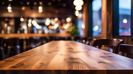 photo wooden table and blurred background of indoor restaurant High quality photo


