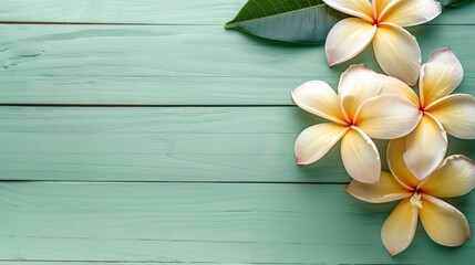 Sticker - Plumeria flowers on a light green wooden background with space for text