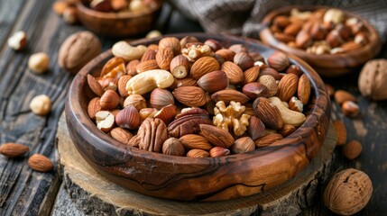 Wall Mural - Assorted nuts on a vintage wooden platter almonds walnuts and hazelnuts
