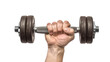 © pasakorn - closed up hand holding a heavy gym dumbbell barbell weight, 100%