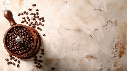 Wall Mural - Coffee beans and grinder on brown surface Top view of black coffee on white backdrop with room for ads