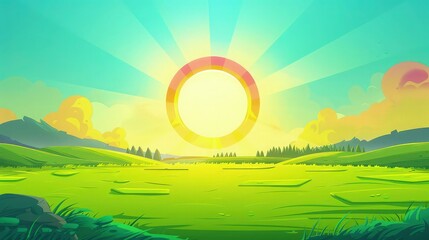 Wall Mural - A fairytale-like cartoon landscape with a vibrant green pasture under a large, friendly sun with rays that touch the ground, animating everything they touch.