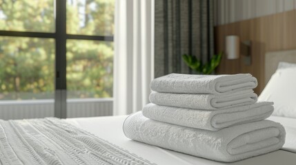 Canvas Print - Modern hotel bedroom interior with clean white bath towels stacked on bed sheet window in background