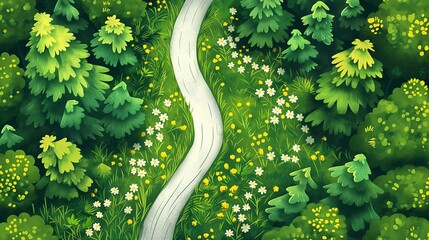 Wall Mural - A road with green grass and flowers in bloom