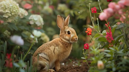 Wall Mural - Little rabbit smelling a flower in the garden. 