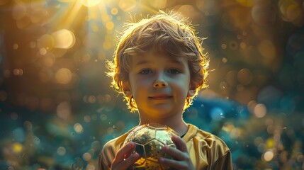 A young boy is holding a gold soccer ball and smiling. Concept of joy and excitement, as the boy is proud of his soccer ball and happy to be holding it