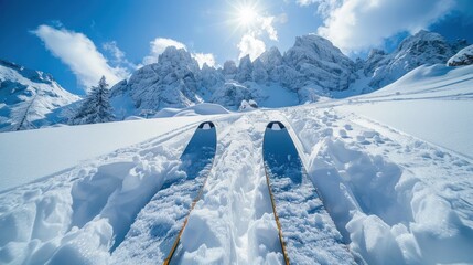 Wall Mural - A pair of skis are in the snow with a mountain in the background